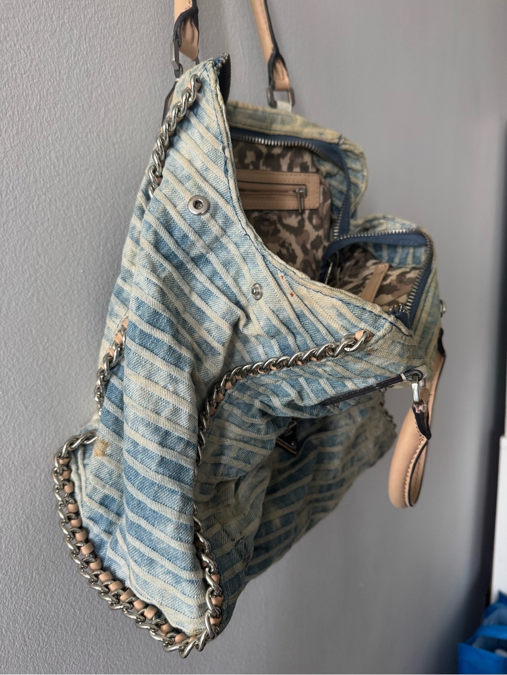 Guess Denim-Striped Light Blue Tote with Tan Handles - Picture 5 of 13